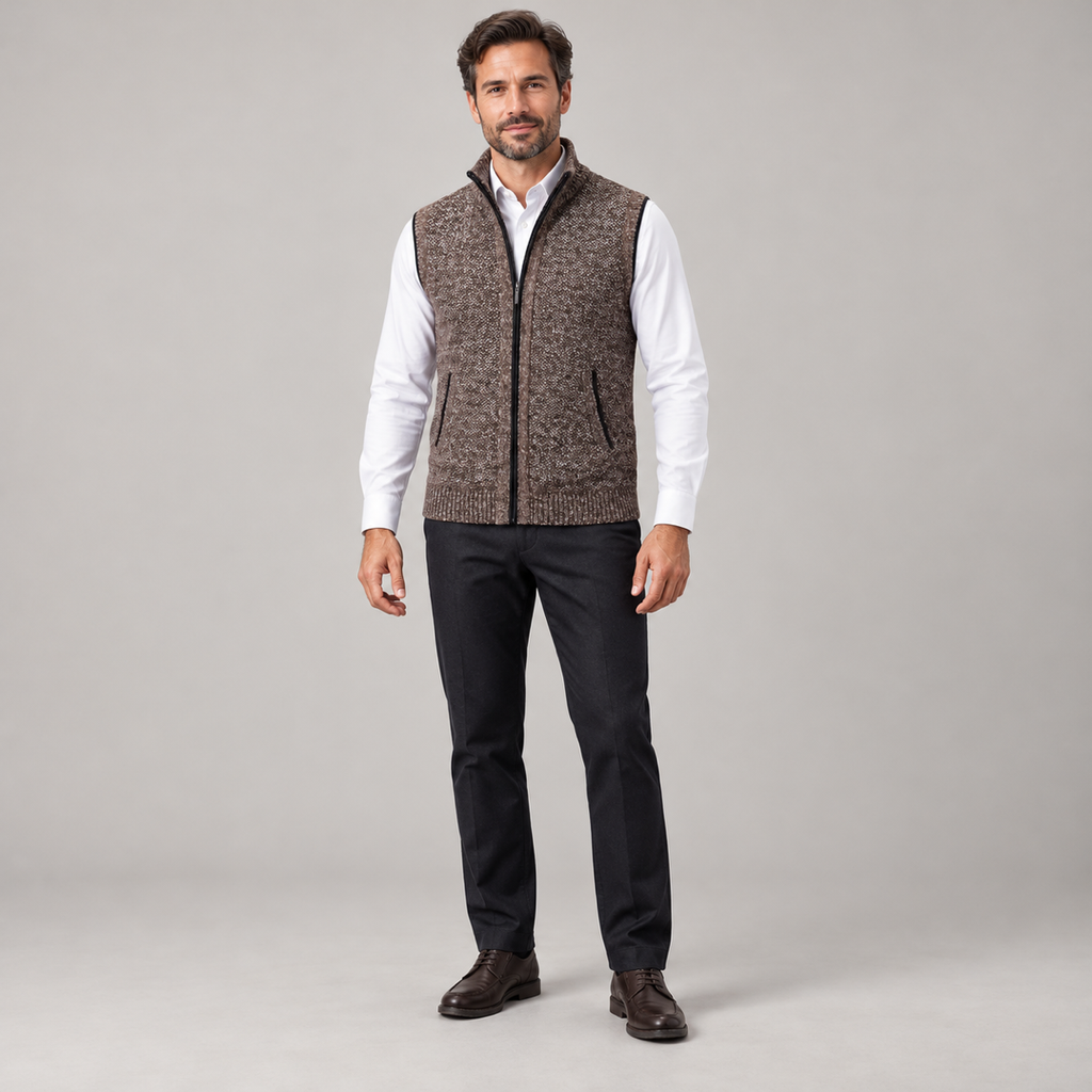 Men's sleeveless collared vest with structured finish on a model, front view