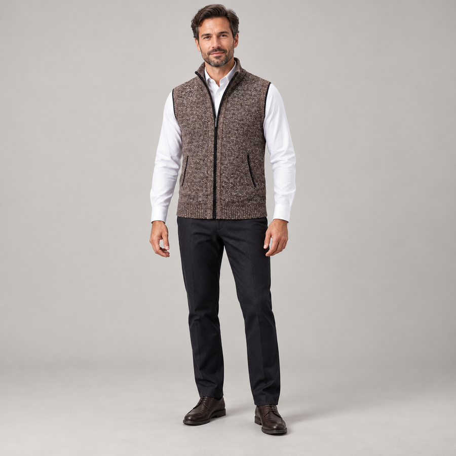 Men's sleeveless collared vest with structured finish on a model, front view