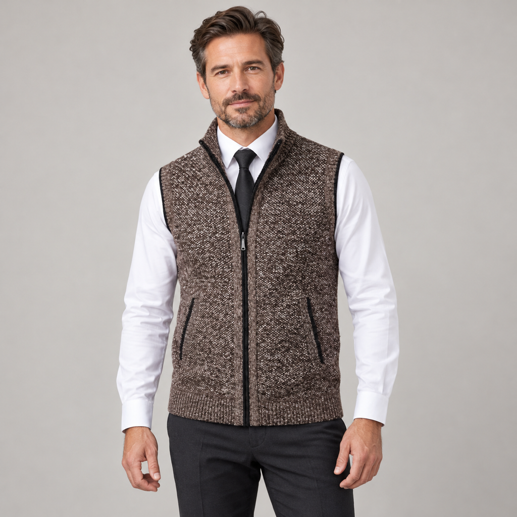 Men's sleeveless collared vest with structured finish on a model, closer front view