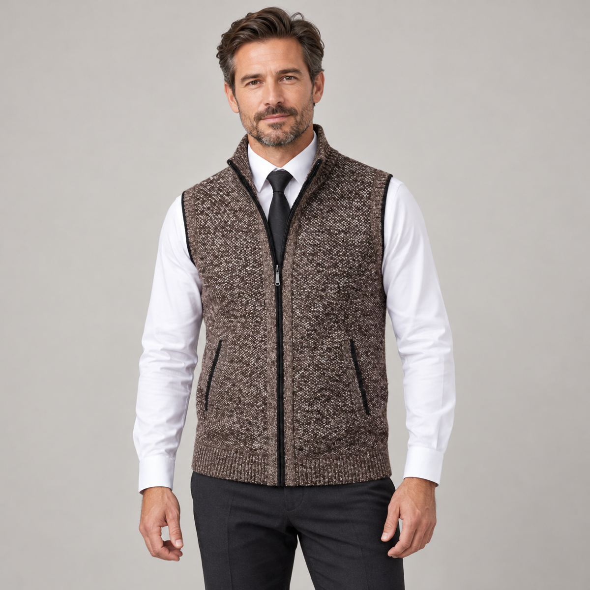 Men's sleeveless collared vest with structured finish on a model, closer front view
