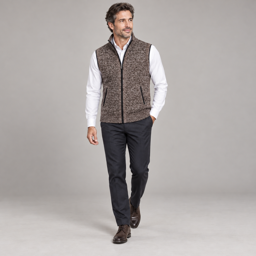 Men's sleeveless collared vest with structured finish on a model, walking pose