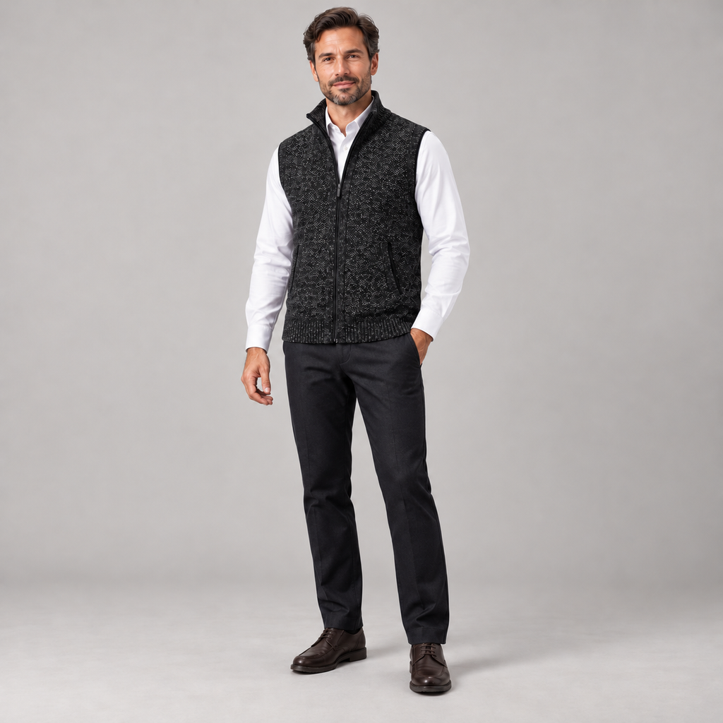 Men's sleeveless collared vest with structured finish on a model in Black, additional studio view
