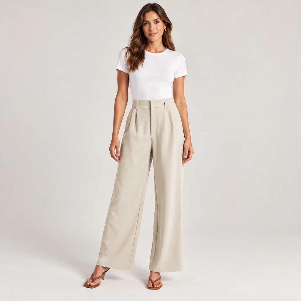 Women's casual high waisted wide-leg dress pants on a model, front view