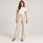 Women's casual high waisted wide-leg dress pants on a model, front view