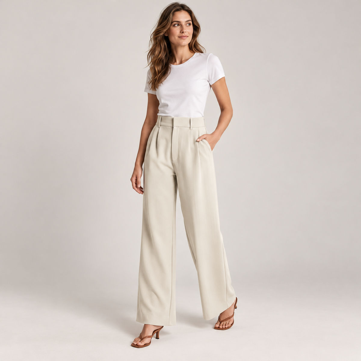 Women's casual high waisted wide-leg dress pants on a model, angled front view