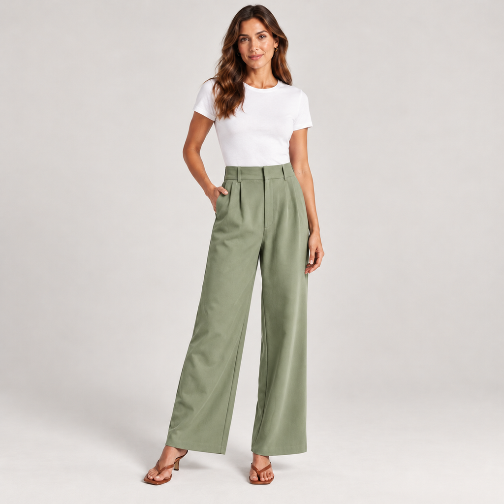 Women's casual high waisted wide-leg dress pants on a model in Green, additional studio view