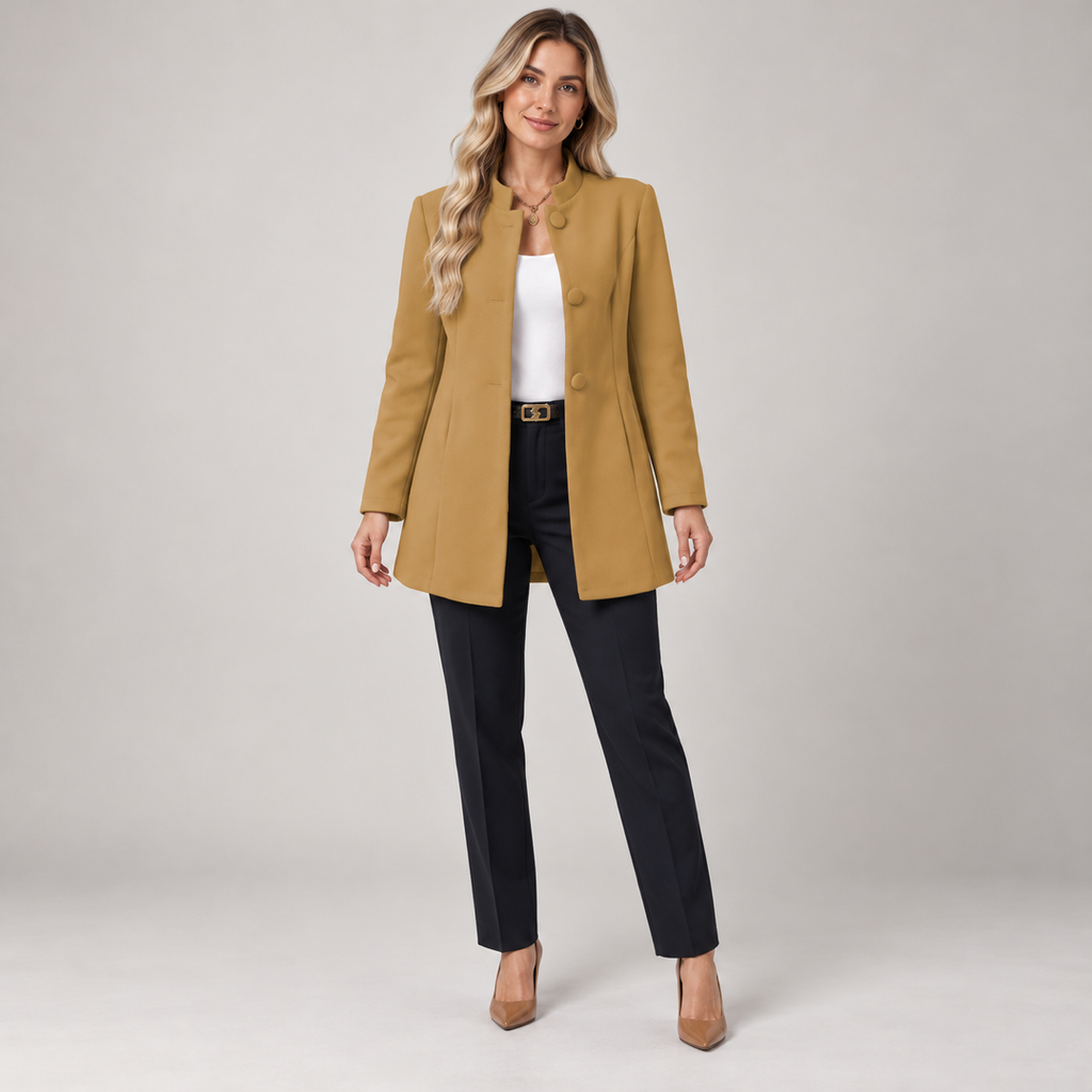 Women's collarless longline blazer with open front on a model, front view