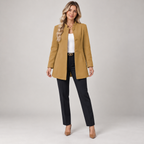 Women's collarless longline blazer with open front on a model, front view
