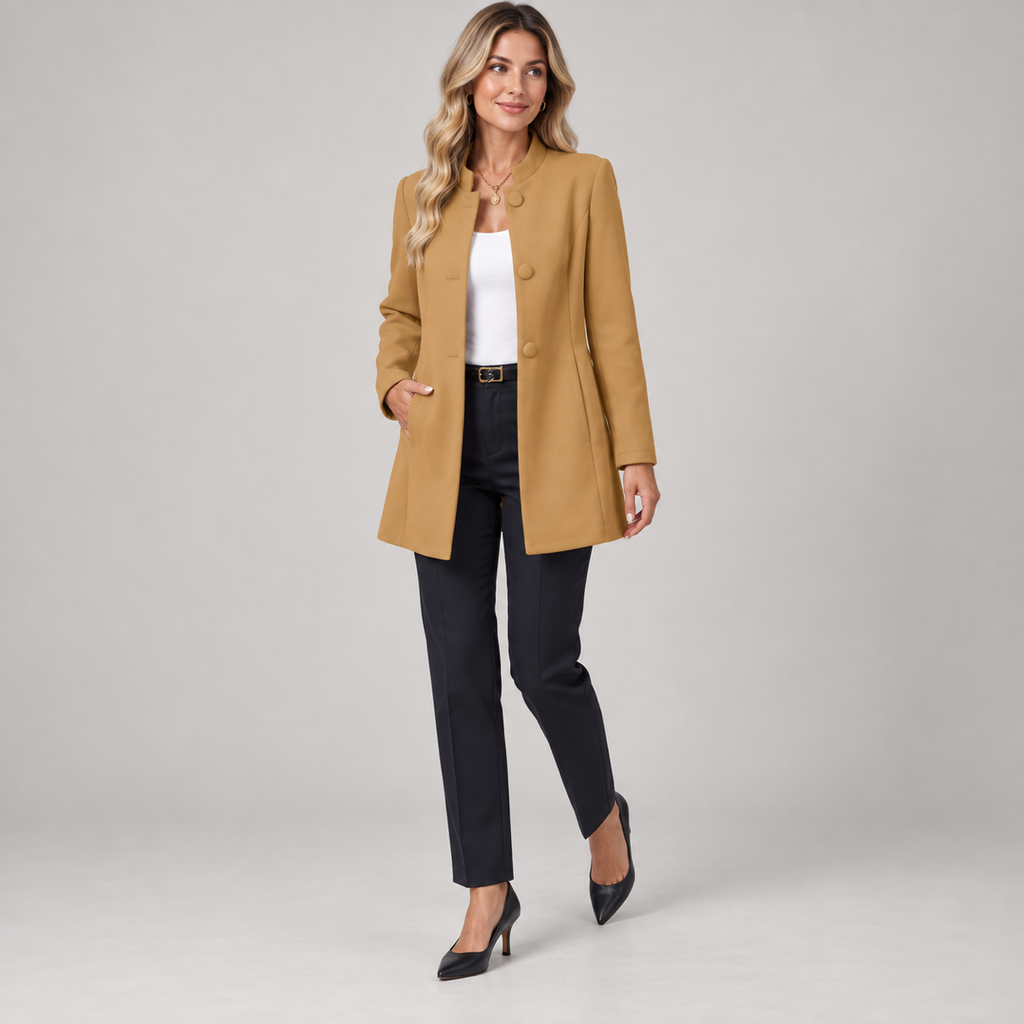 Women's collarless longline blazer with open front on a model, angled front view