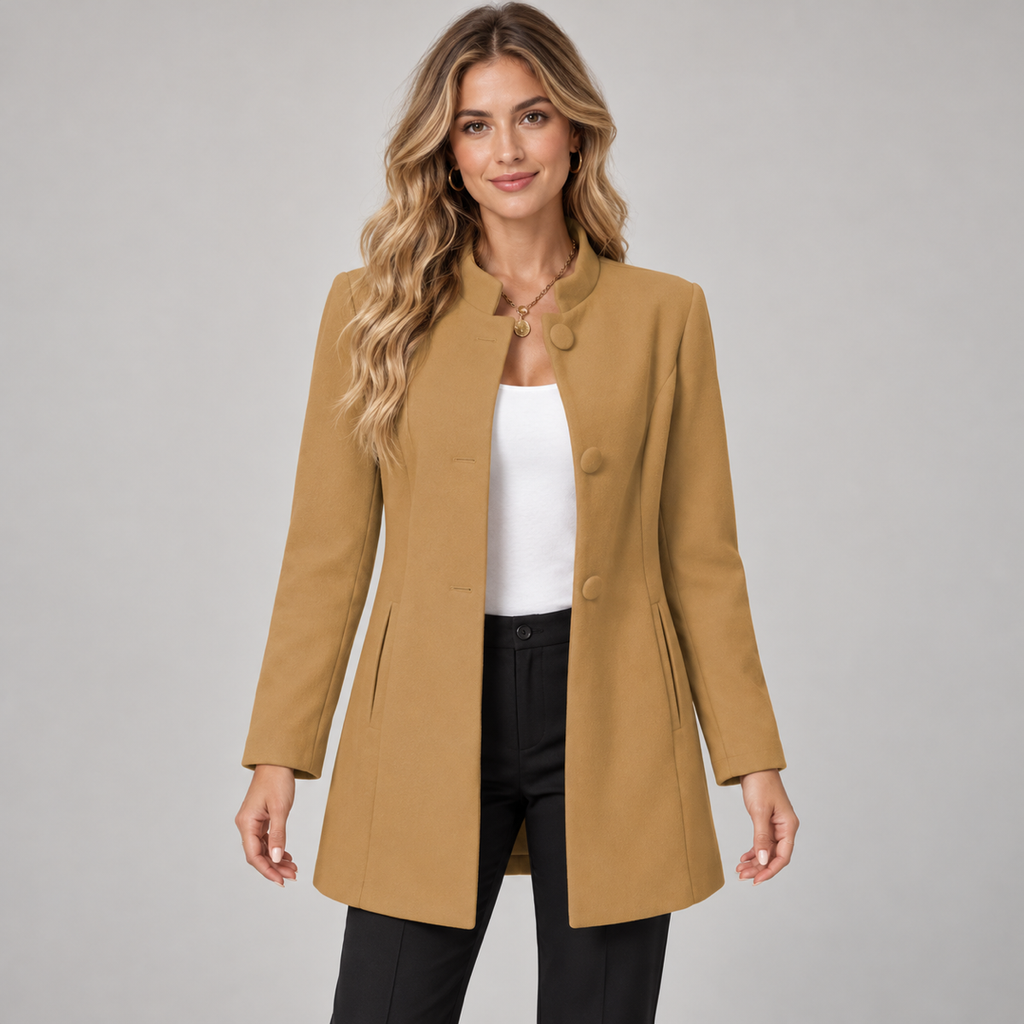 Women's collarless longline blazer with open front on a model, closer front view