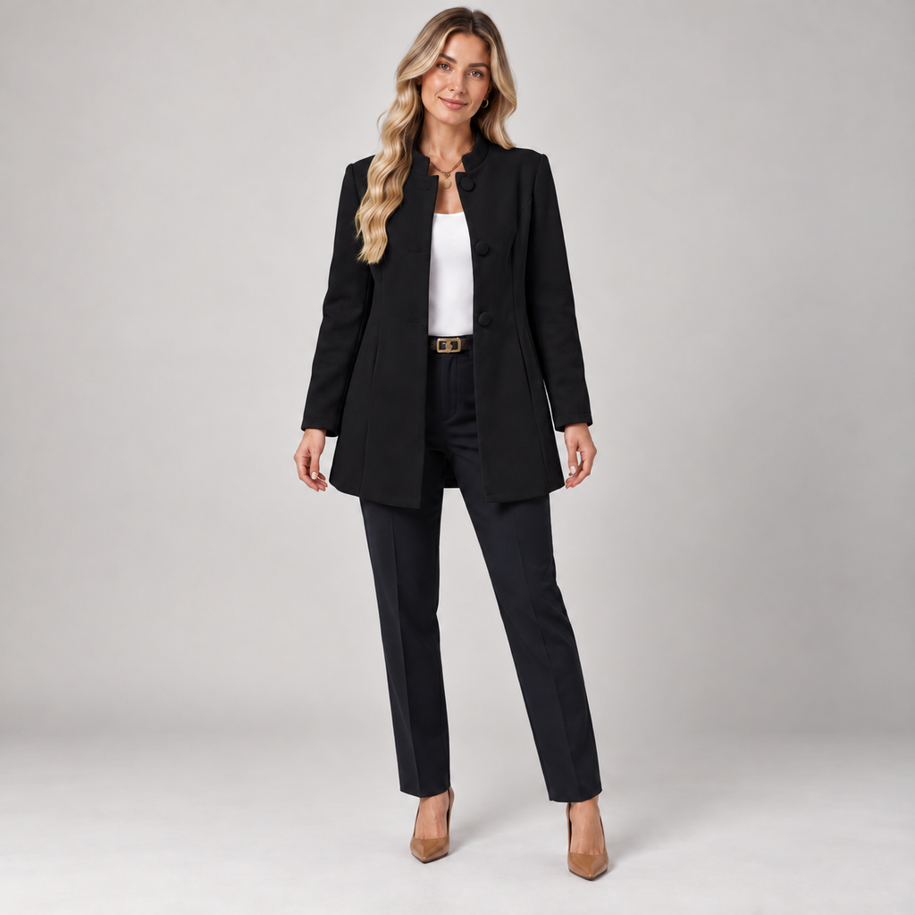 Women's collarless longline blazer with open front on a model in Black, additional studio view