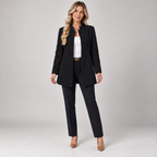 Women's collarless longline blazer with open front on a model in Black, additional studio view