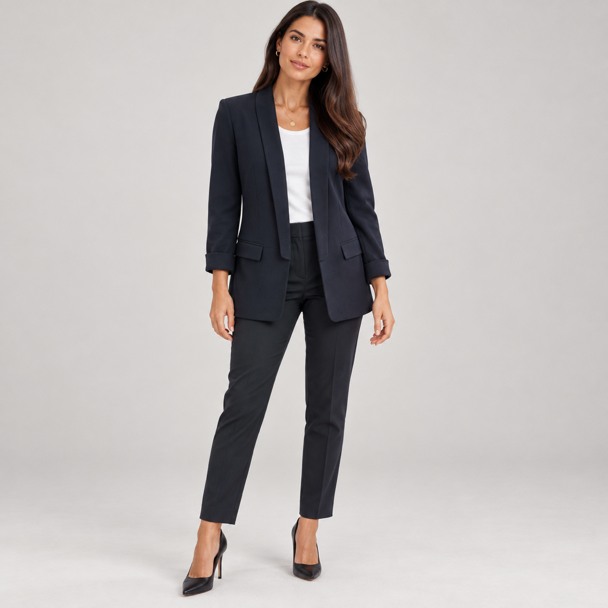 Women's fitted structured blazer on a model, front view