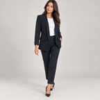 Women's fitted structured blazer on a model, angled front view