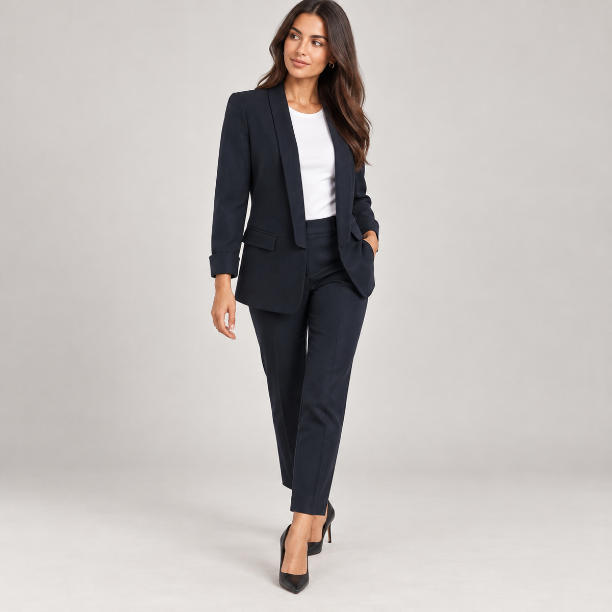 Women's fitted structured blazer on a model, angled front view