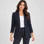 Women's fitted structured blazer on a model, closer front view