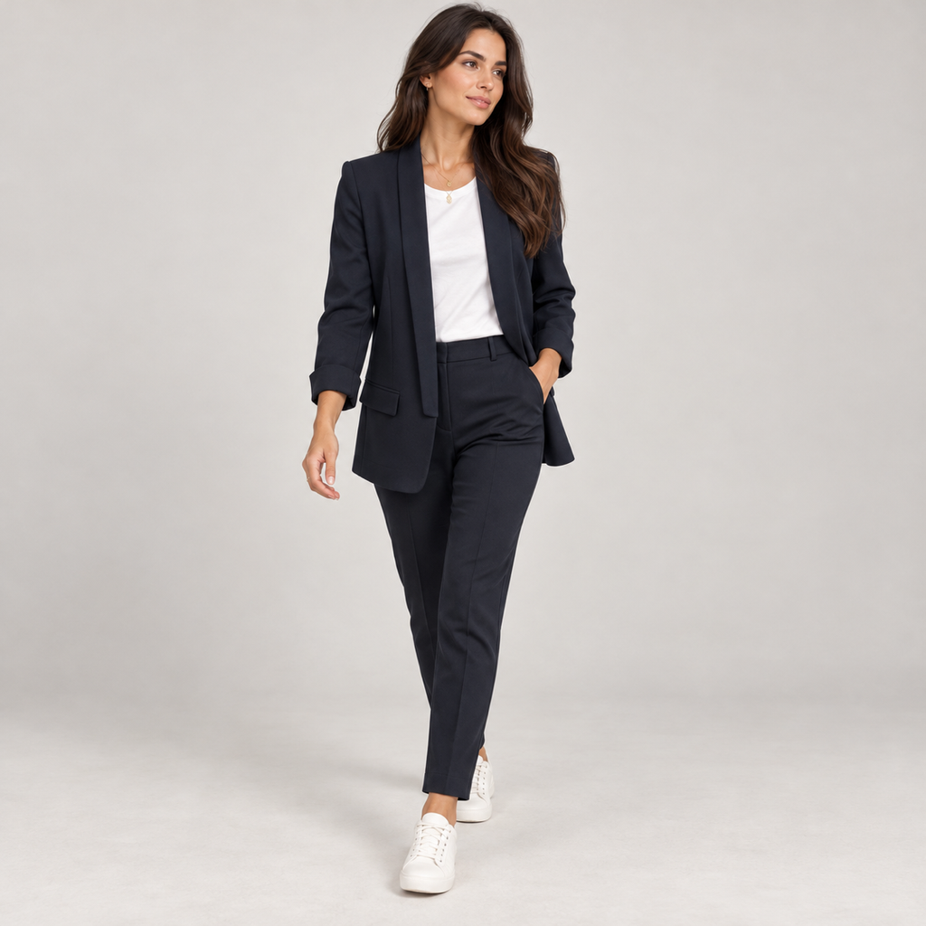 Women's fitted structured blazer on a model, walking pose