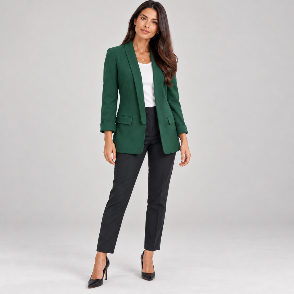 Women's fitted structured blazer on a model in Green, additional studio view