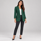 Women's fitted structured blazer on a model in Green, additional studio view