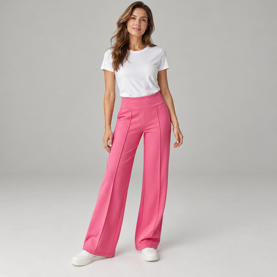 Women's high waisted wide-leg pants on a model, front view
