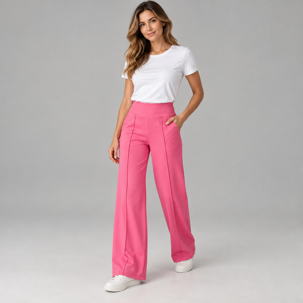 Women's high waisted wide-leg pants on a model, angled front view