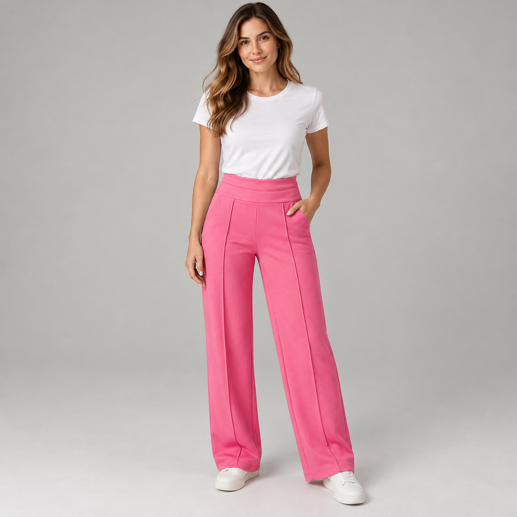 Women's high waisted wide-leg pants on a model, closer front view