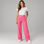 Women's high waisted wide-leg pants on a model, closer front view