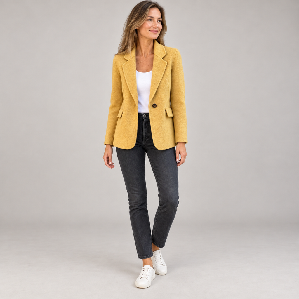 Women's lightweight breathable blazer on a model, front view