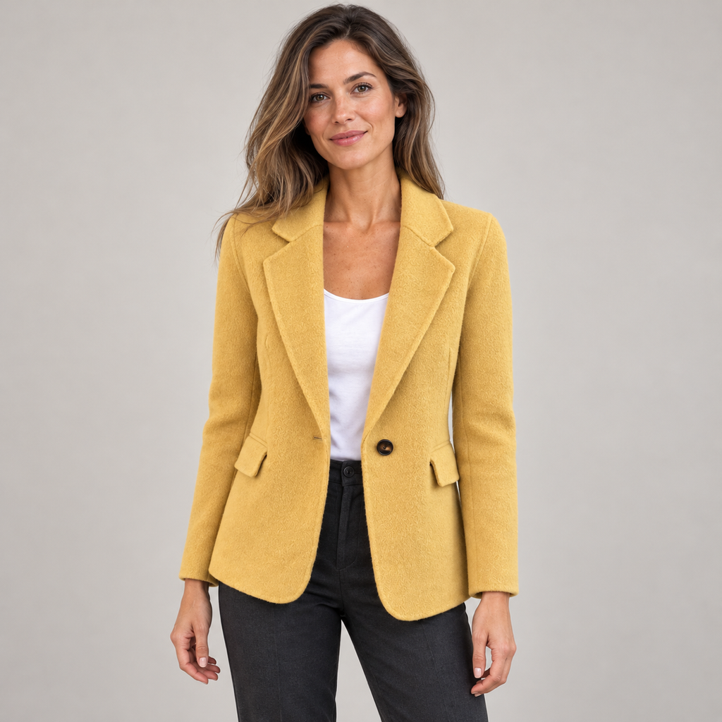 Women's lightweight breathable blazer on a model, closer front view