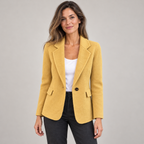 Women's lightweight breathable blazer on a model, closer front view