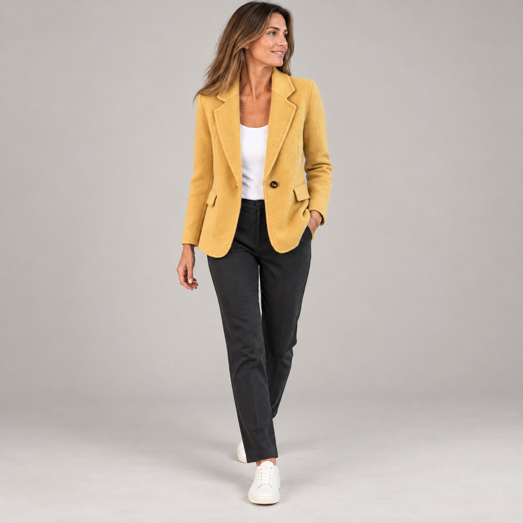Women's lightweight breathable blazer on a model, walking pose