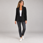 Women's lightweight breathable blazer on a model in Black, additional studio view