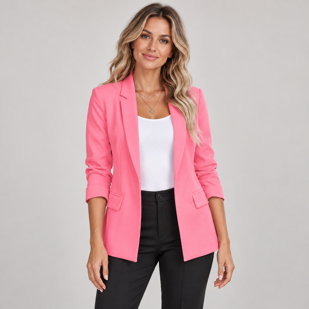 Women's lightweight slim fit blazer with set-in sleeves on a model, closer front view