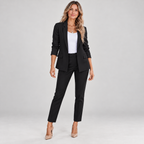 Women's lightweight slim fit blazer with set-in sleeves on a model in Black, additional studio view