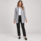 Women's longline open front blazer with stand collar on a model, front view