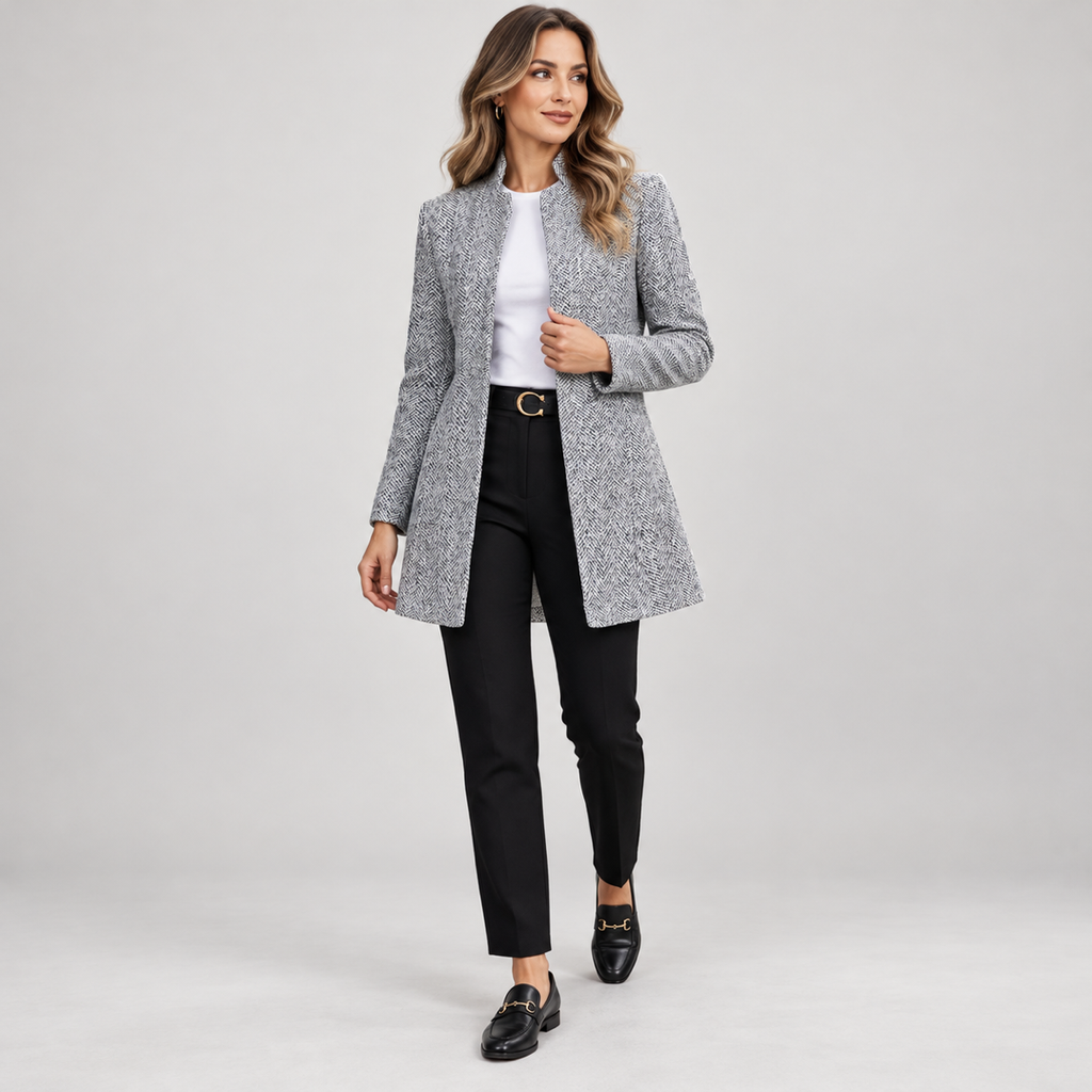 Women's longline open front blazer with stand collar on a model, angled front view