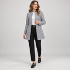 Women's longline open front blazer with stand collar on a model, angled front view