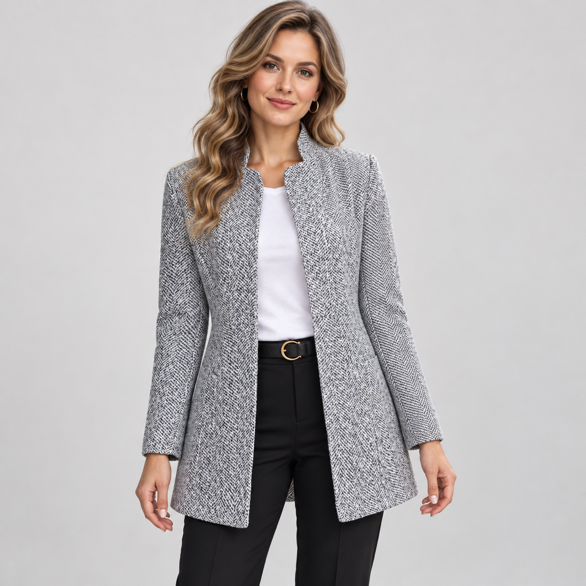 Women's longline open front blazer with stand collar on a model, closer front view