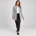 Women's longline open front blazer with stand collar on a model, additional studio view