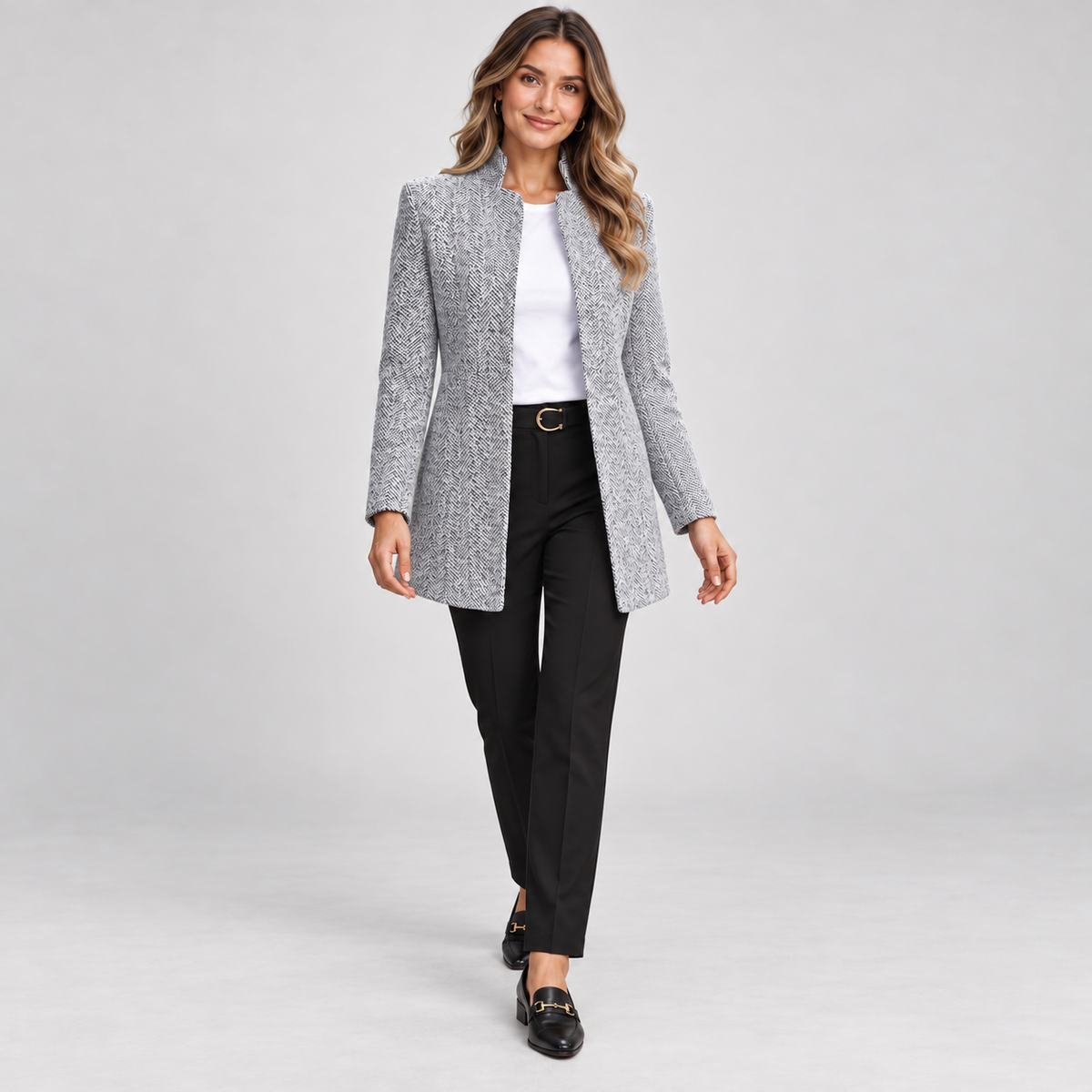 Women's longline open front blazer with stand collar on a model, additional studio view