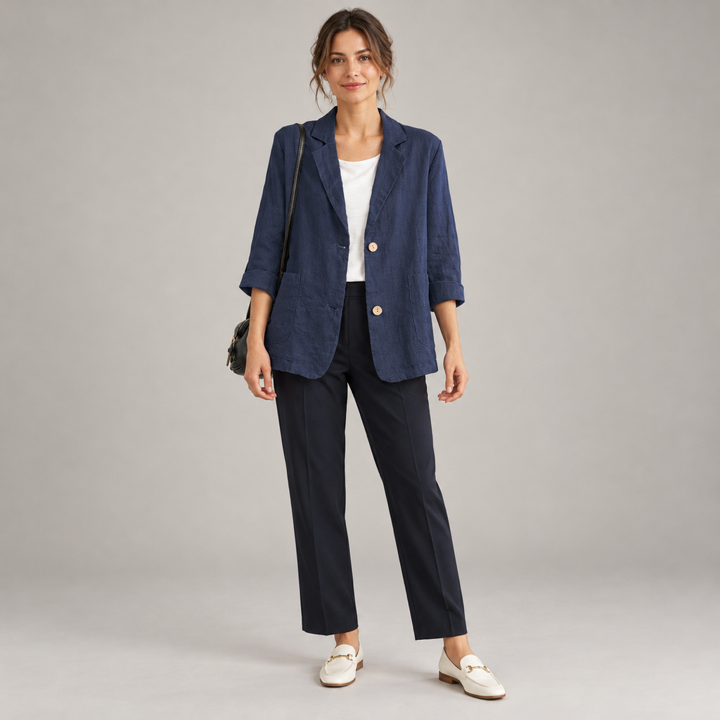 Women's relaxed fit two button blazer with roll-up sleeves on a model, front view