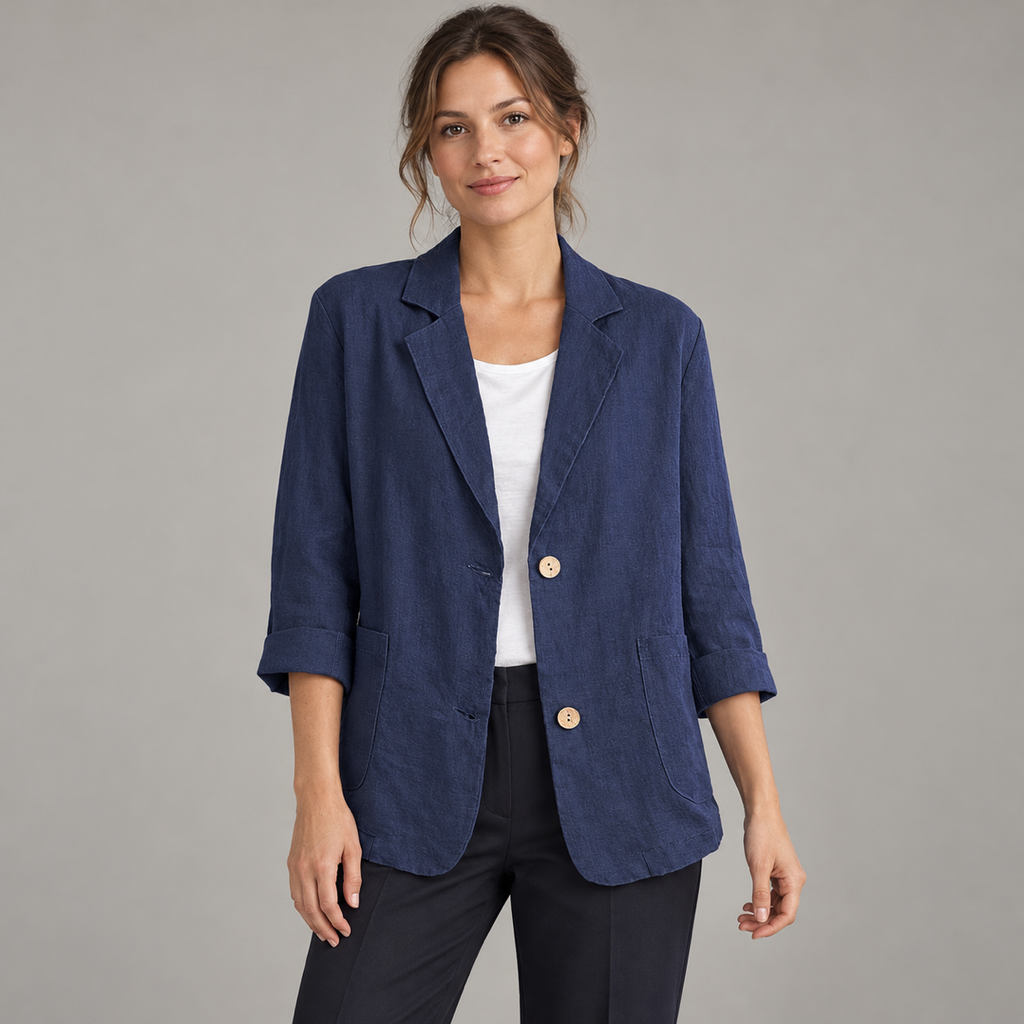 Women's relaxed fit two button blazer with roll-up sleeves on a model, closer front view