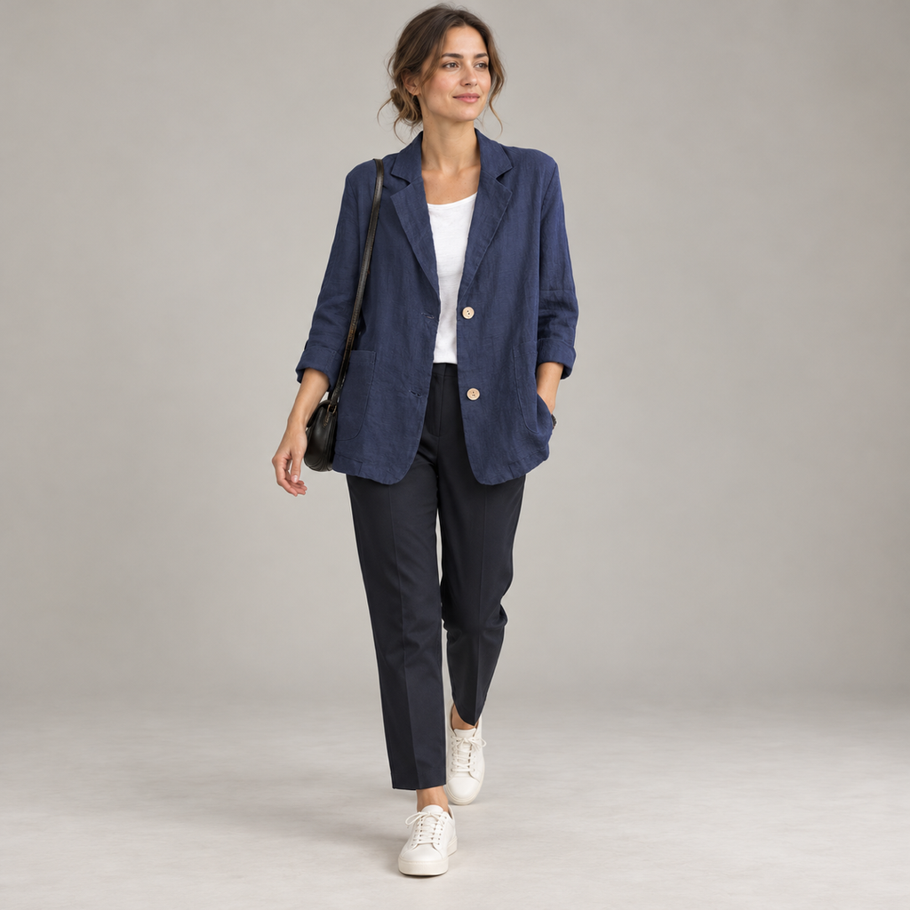 Women's relaxed fit two button blazer with roll-up sleeves on a model, walking pose