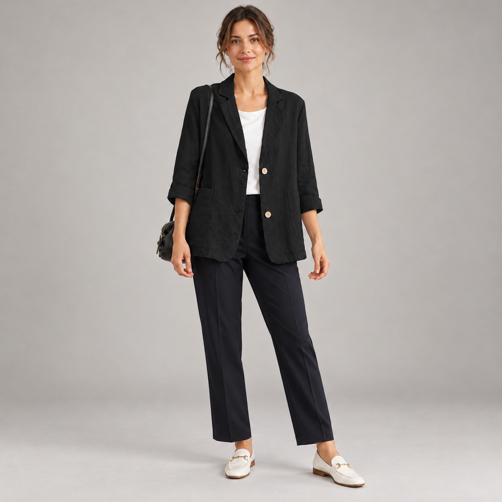 Women's relaxed fit two button blazer with roll-up sleeves on a model in Black, additional studio view