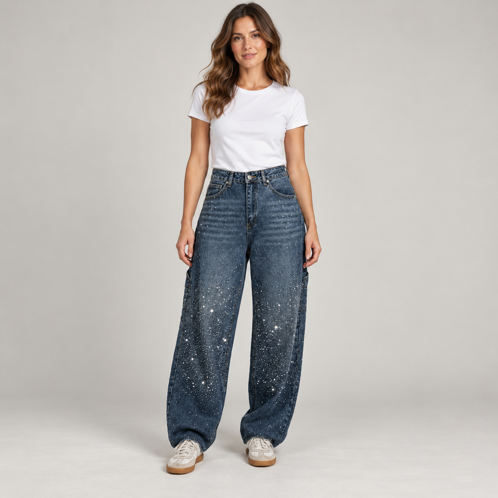 Women's retro flare pants with shimmer finish on a model, front view
