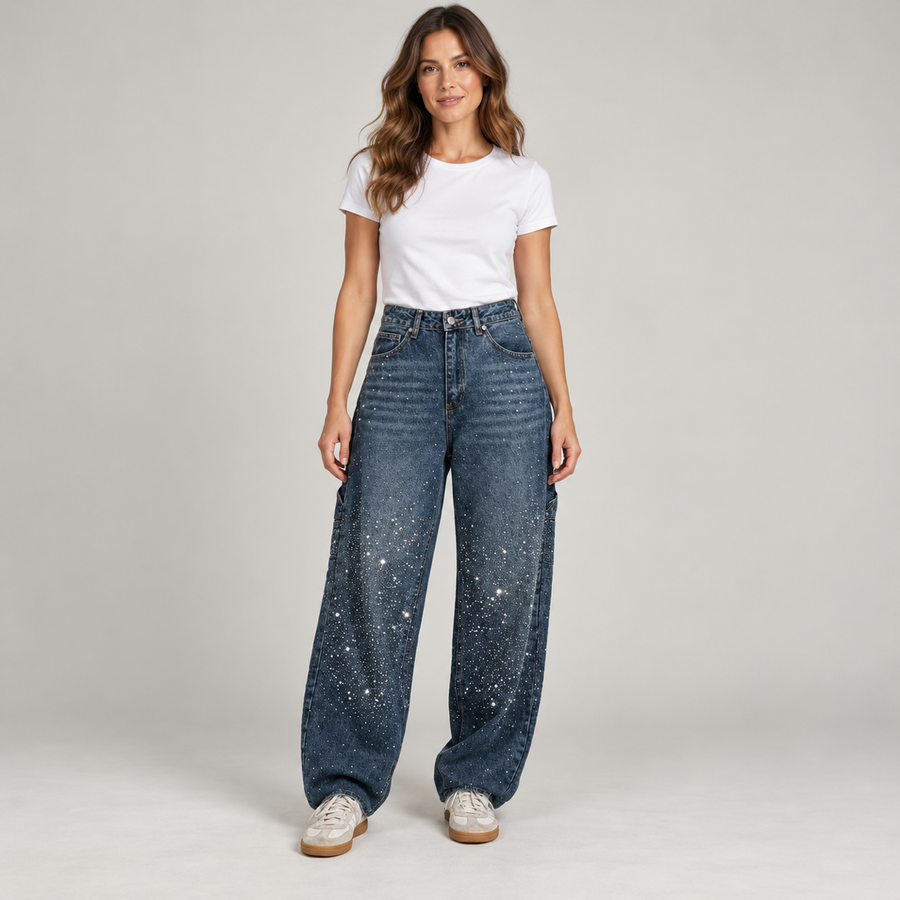 Women's retro flare pants with shimmer finish on a model, front view