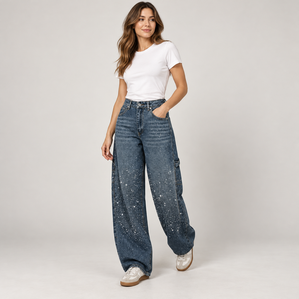 Women's retro flare pants with shimmer finish on a model, angled front view