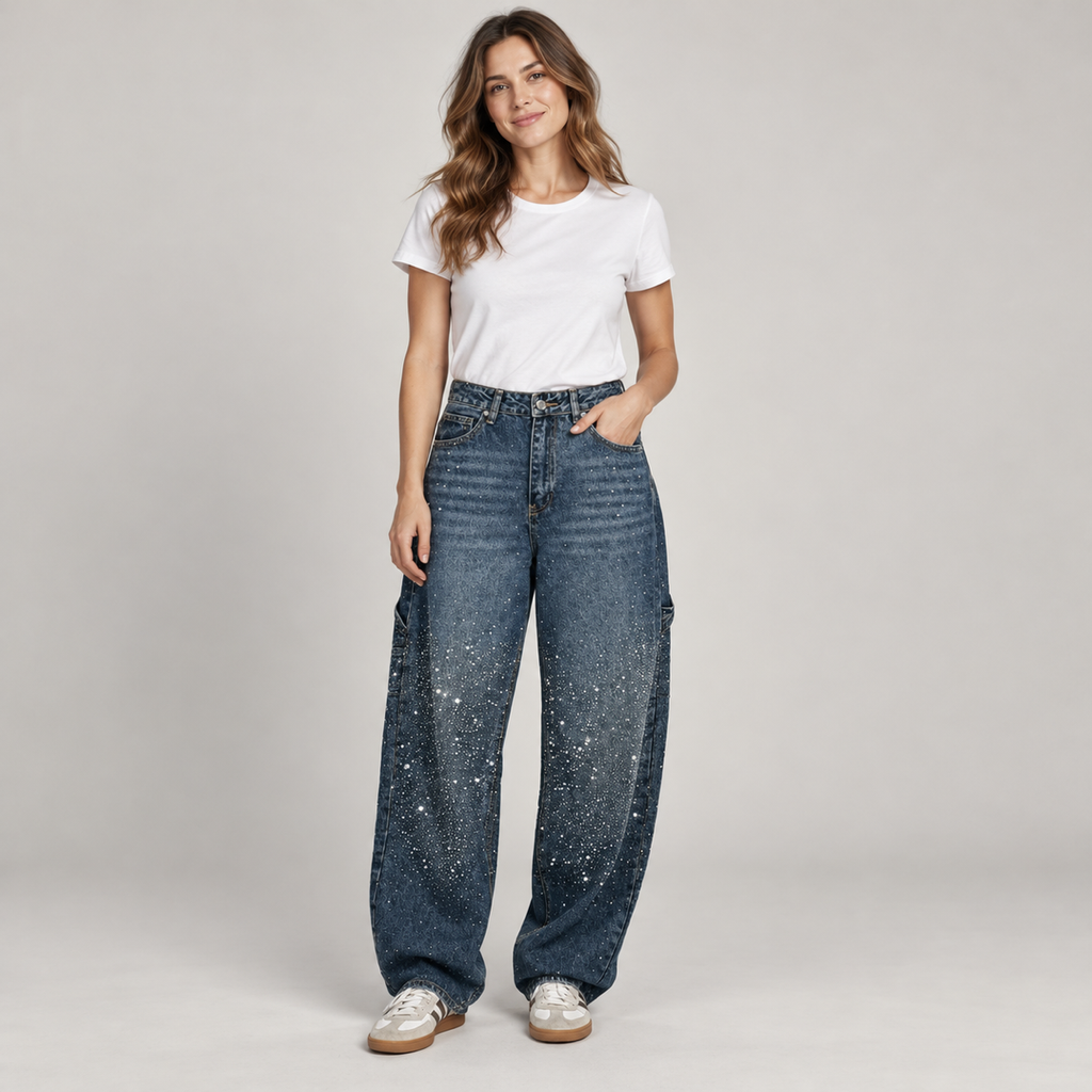 Women's retro flare pants with shimmer finish on a model, closer front view