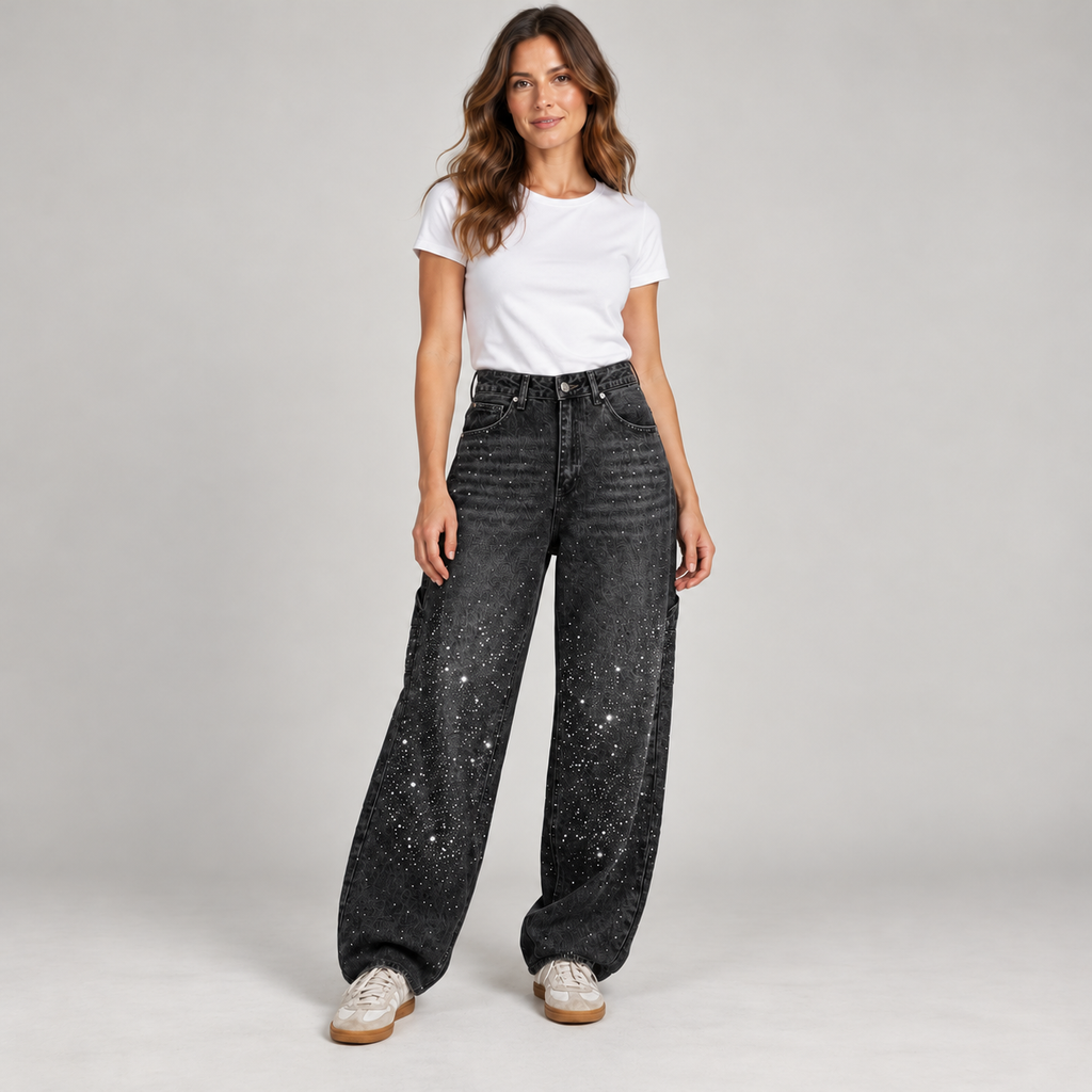 Women's retro flare pants with shimmer finish on a model in Black, additional studio view
