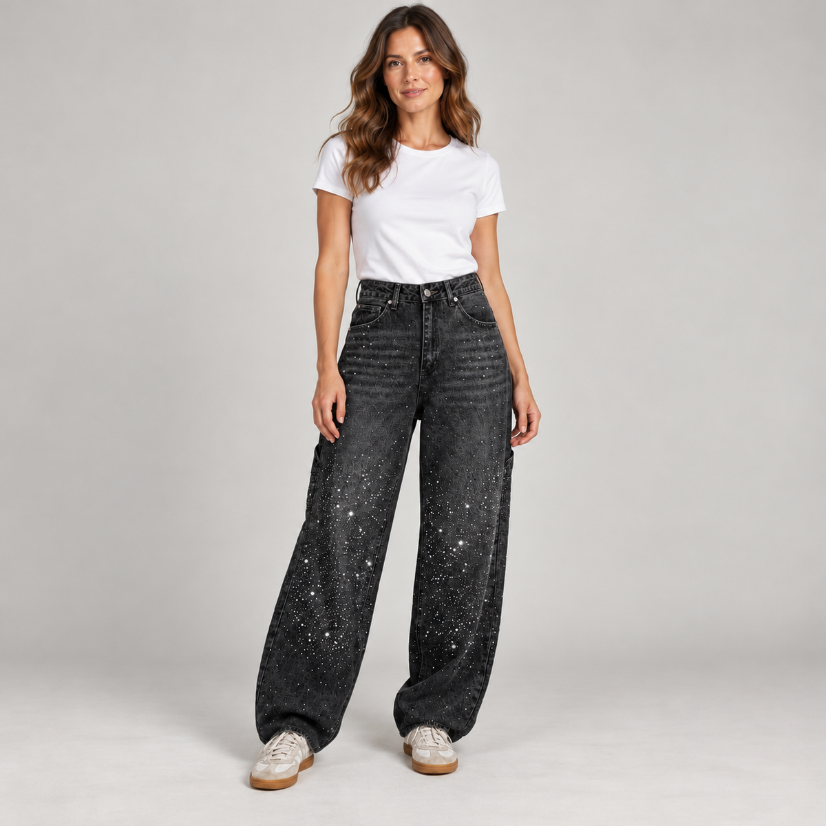 Women's retro flare pants with shimmer finish on a model in Black, additional studio view